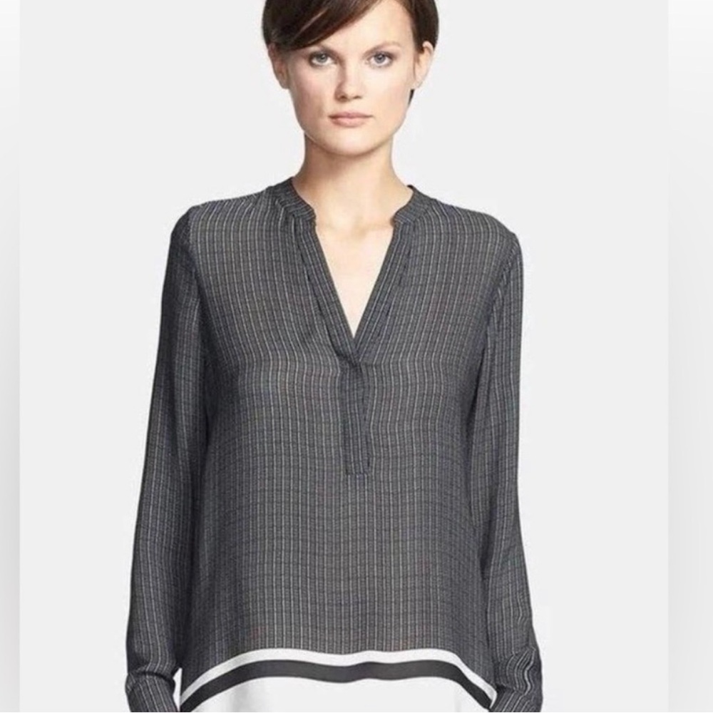 Vince Silk Black & Cream Georgette Printed Long Sleeve Top Blouse V Neck Large